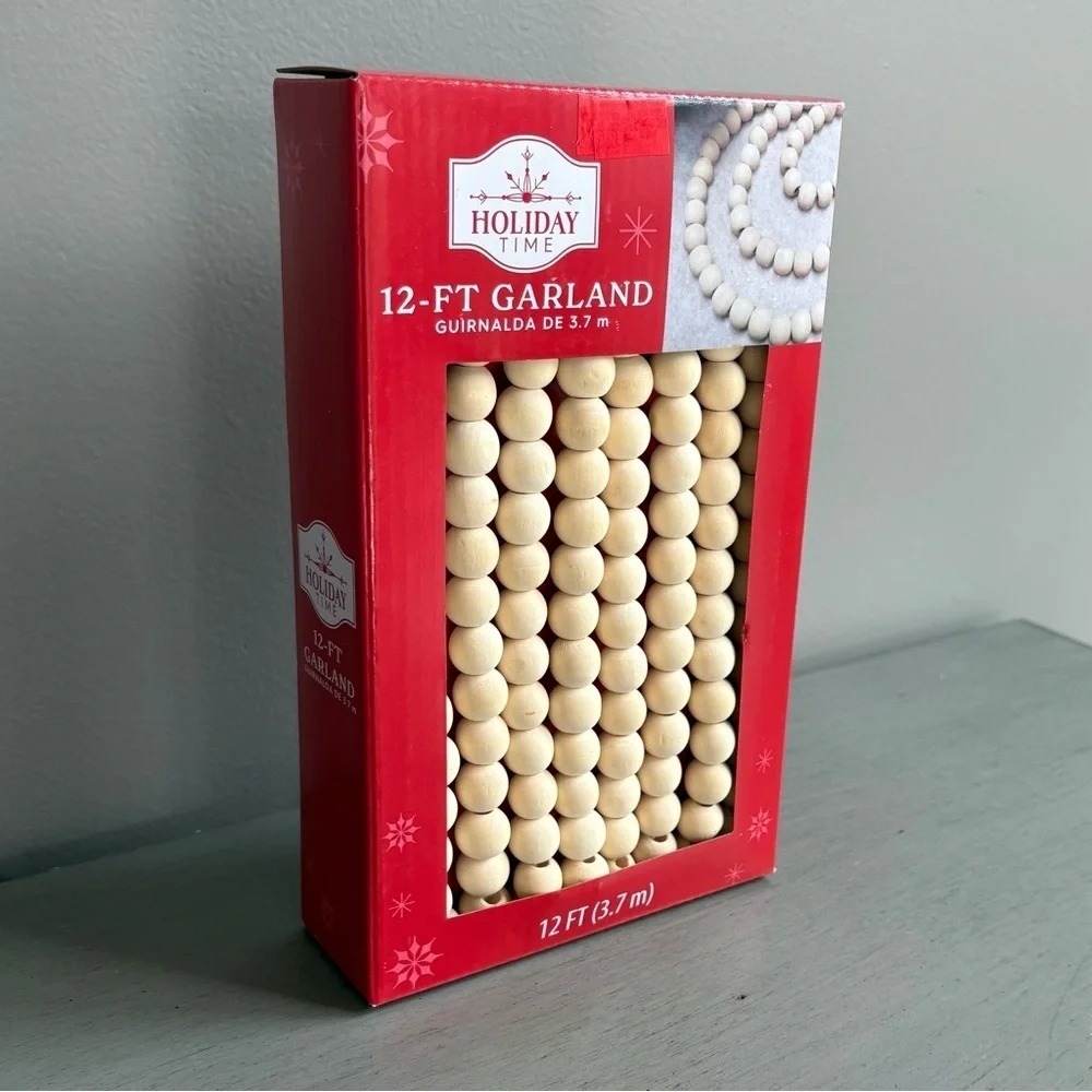 Holiday Time Natural Wood Bead Garland 12 Foot 3.7 M   NEW